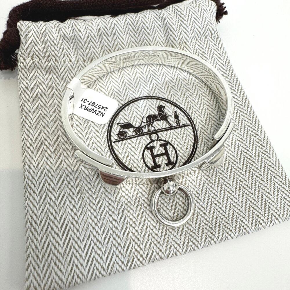 HERMES Silver Collier de Chain Small Model Studded Bracelet Size Large Ag 925